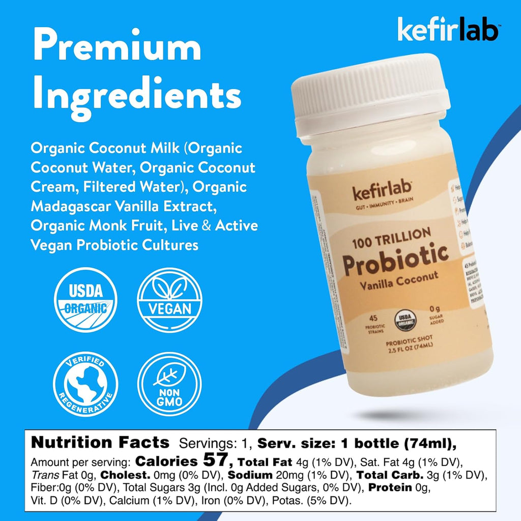 KefirLab Probiotics 100T CFU - 36 Cepas - Vegano y Orgánico - Apoya la Digestión, Sistema Inmunitario, Salud Cerebral, Estado de Ánimo y Estrés. Vainilla (16 Pack)