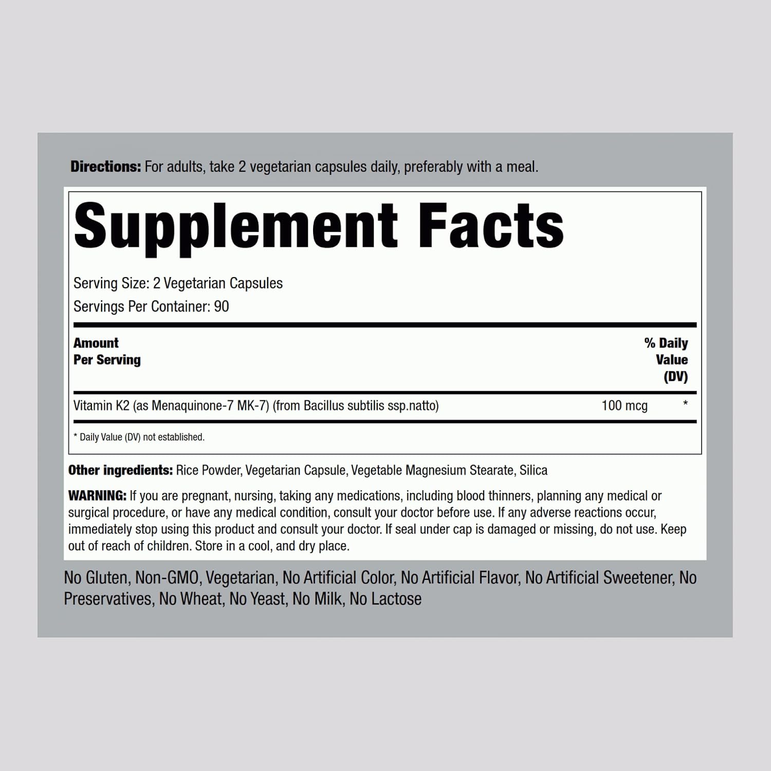 Piping Rock K2 MK7 (100 mcg) - 180 Cápsulas Vegetarianas