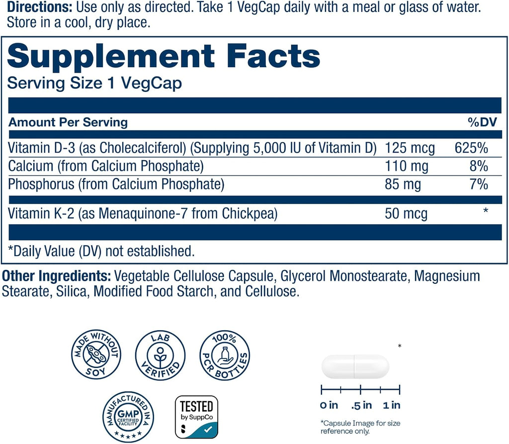 SOLARAY Vitamina D3 K2, Suplemento de Vitamina D3 y K2 para la Absorción de Calcio, Salud Ósea y Apoyo Inmunológico, Sin Soja, 60 Cápsulas Veganas