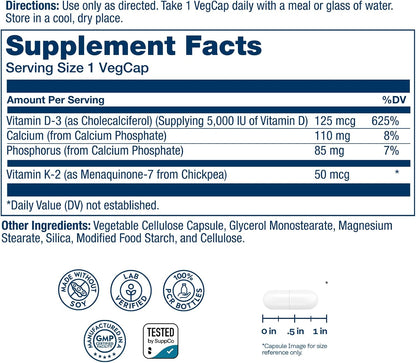 SOLARAY Vitamina D3 K2, Suplemento de Vitamina D3 y K2 para la Absorción de Calcio, Salud Ósea y Apoyo Inmunológico, Sin – Image 2