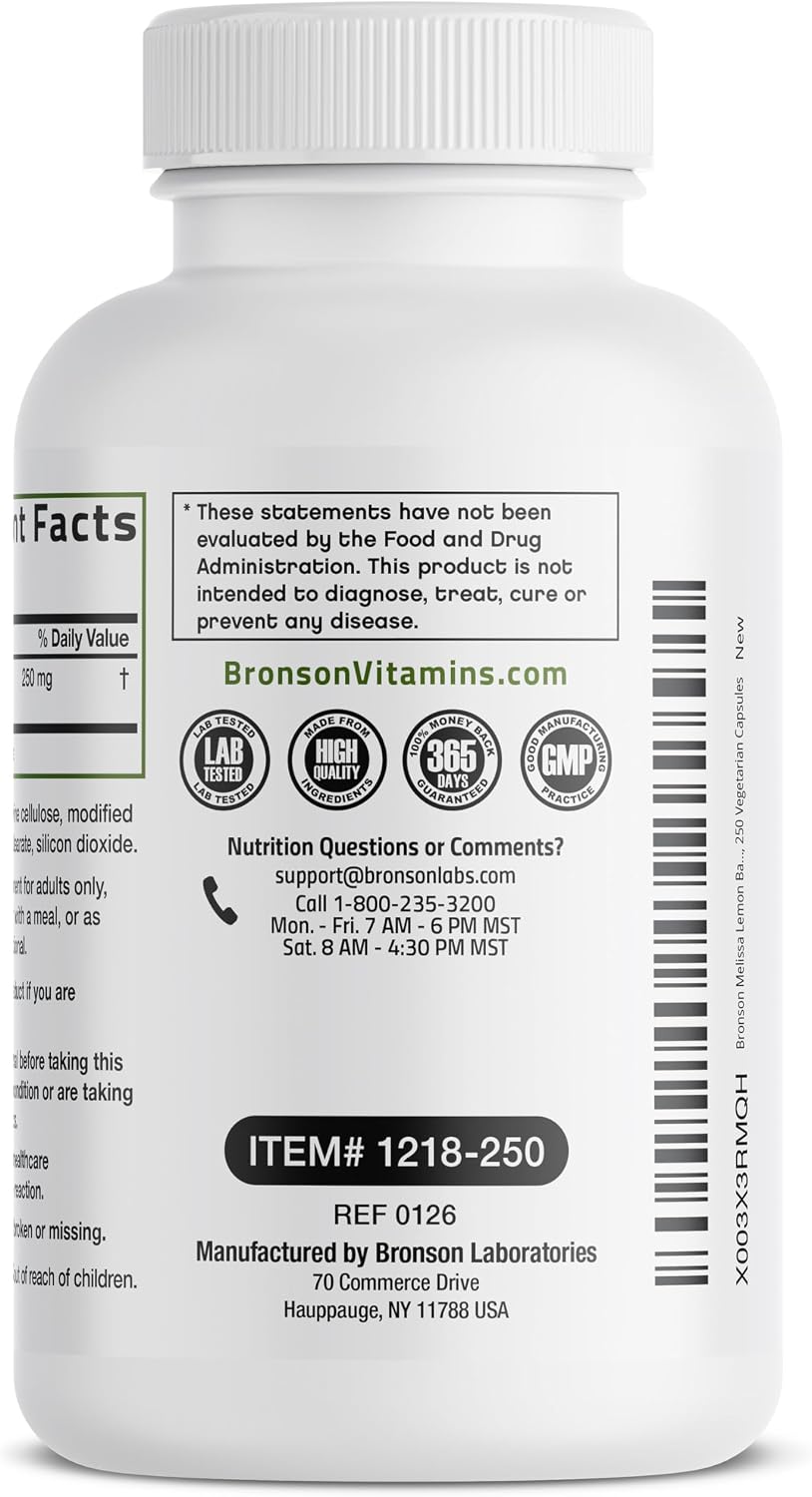 Bronson Melisa Lemon Balm Extra Fuerte, 250 Cápsulas Vegetales