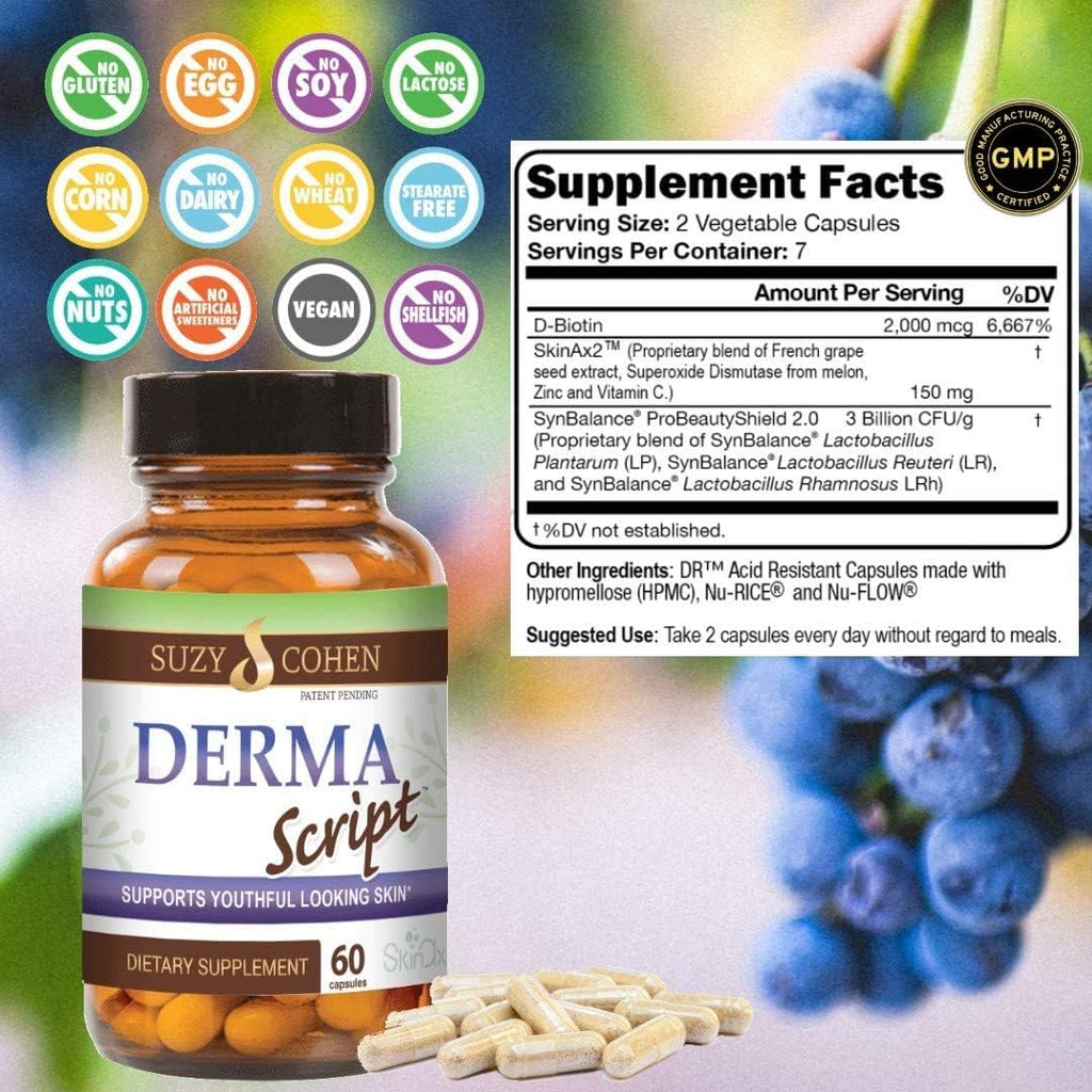 Script Essentials DermaScript Clear Skin Probiotic - Suplemento cutáneo con biotina y probióticos (60 cápsulas)