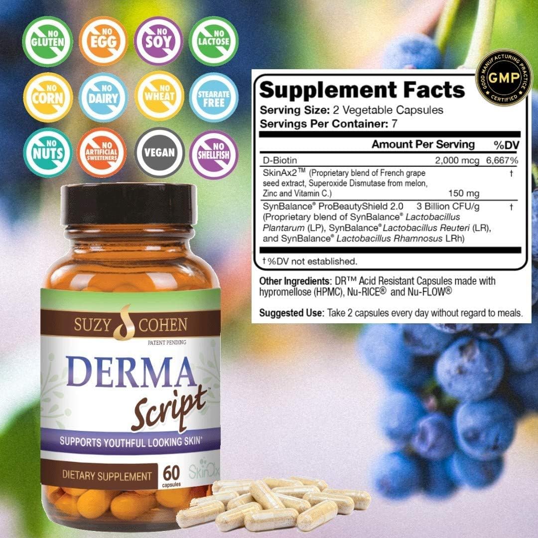 Script Essentials DermaScript Clear Skin Probiotic - Suplemento cutáneo con biotina y probióticos (60 cápsulas)