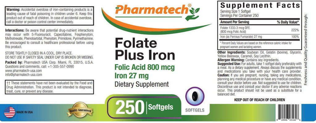 PHARMATECH Ácido Fólico 800 mcg + Hierro 27 mg, Suplemento Prenatal, 250 Cápsulas Blandas