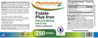 PHARMATECH Ácido Fólico 800 mcg + Hierro 27 mg, Suplemento Prenatal, 250 Cápsulas Blandas