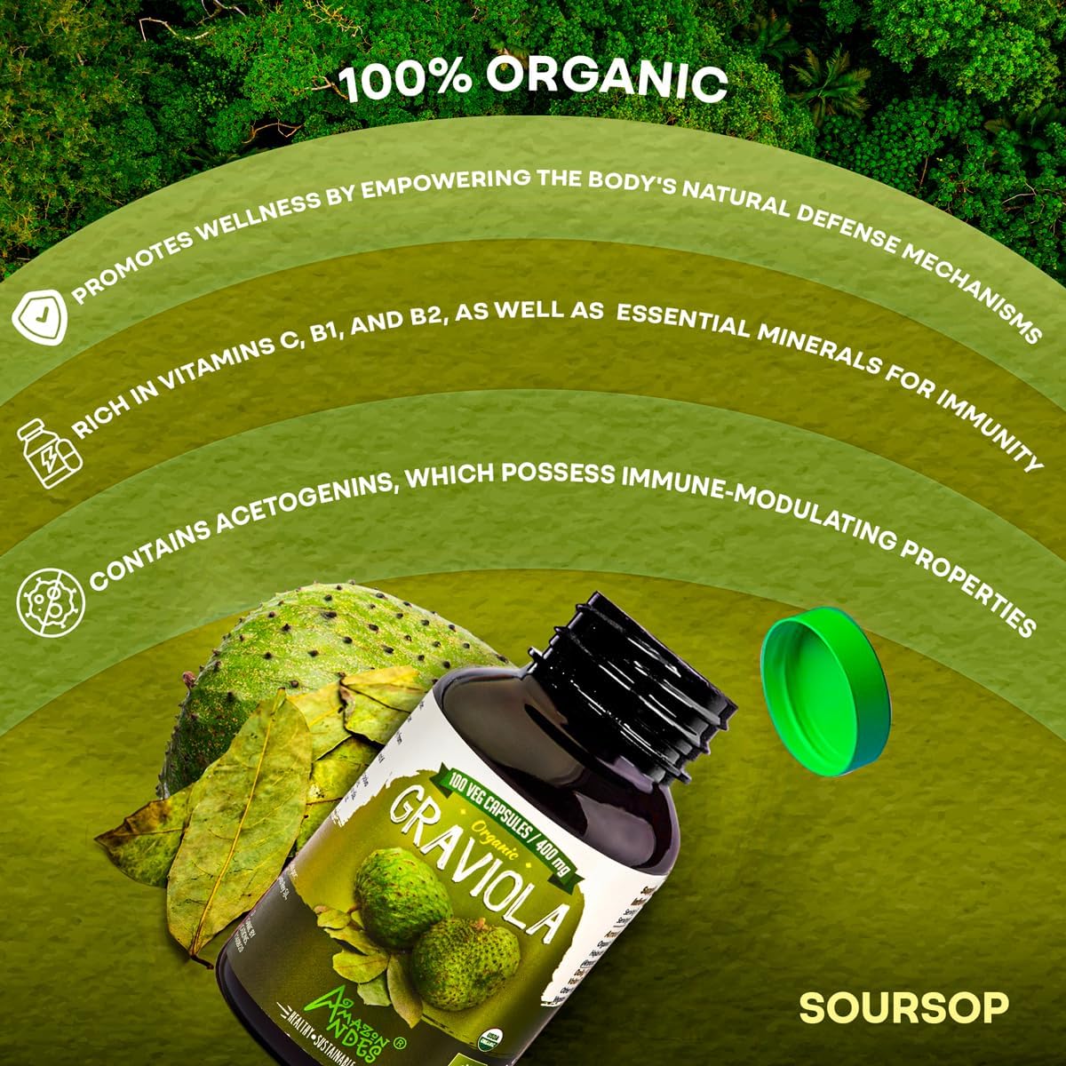 Amazon Andes Graviola Orgánica Cápsulas 400mg - 100 Cápsulas Vegetarianas - Annona Muricata de Perú