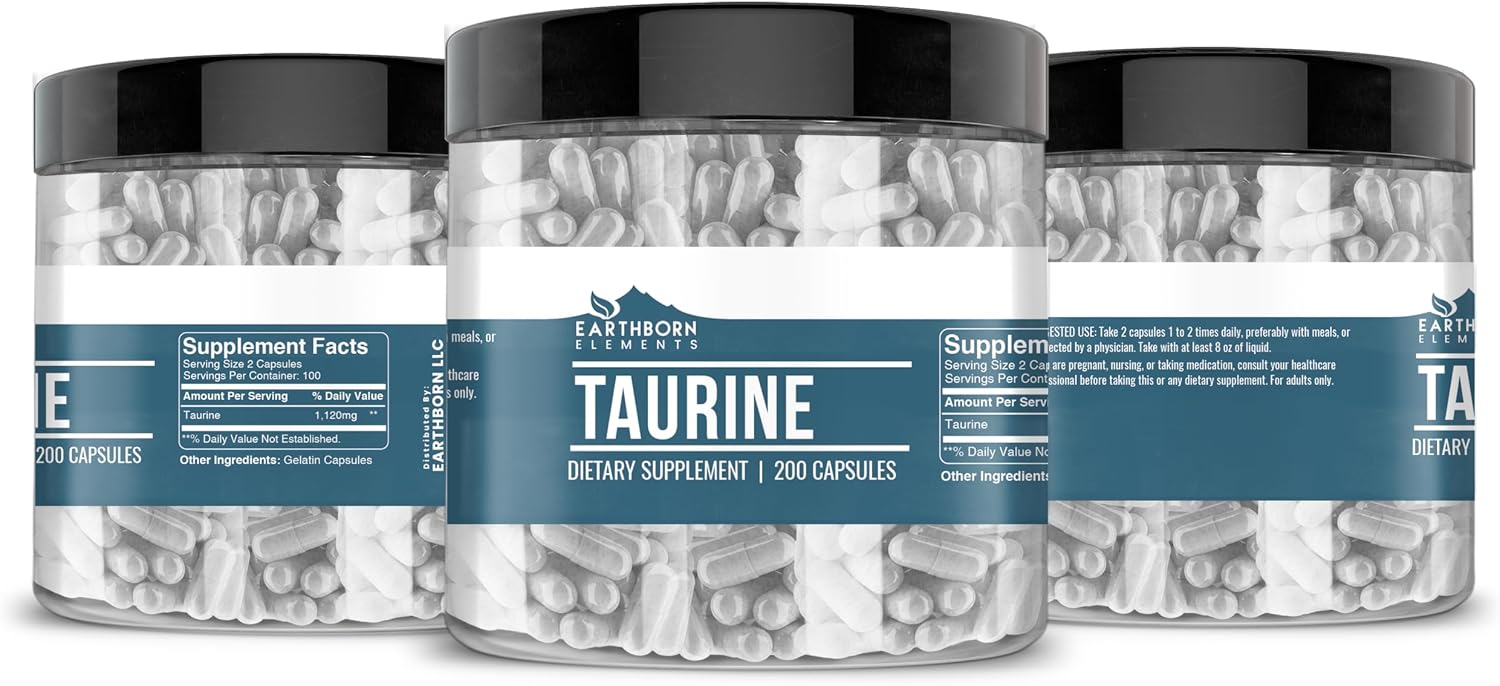 Earthborn Elements Taurina, 200 Cápsulas, Puro y sin Aditivos