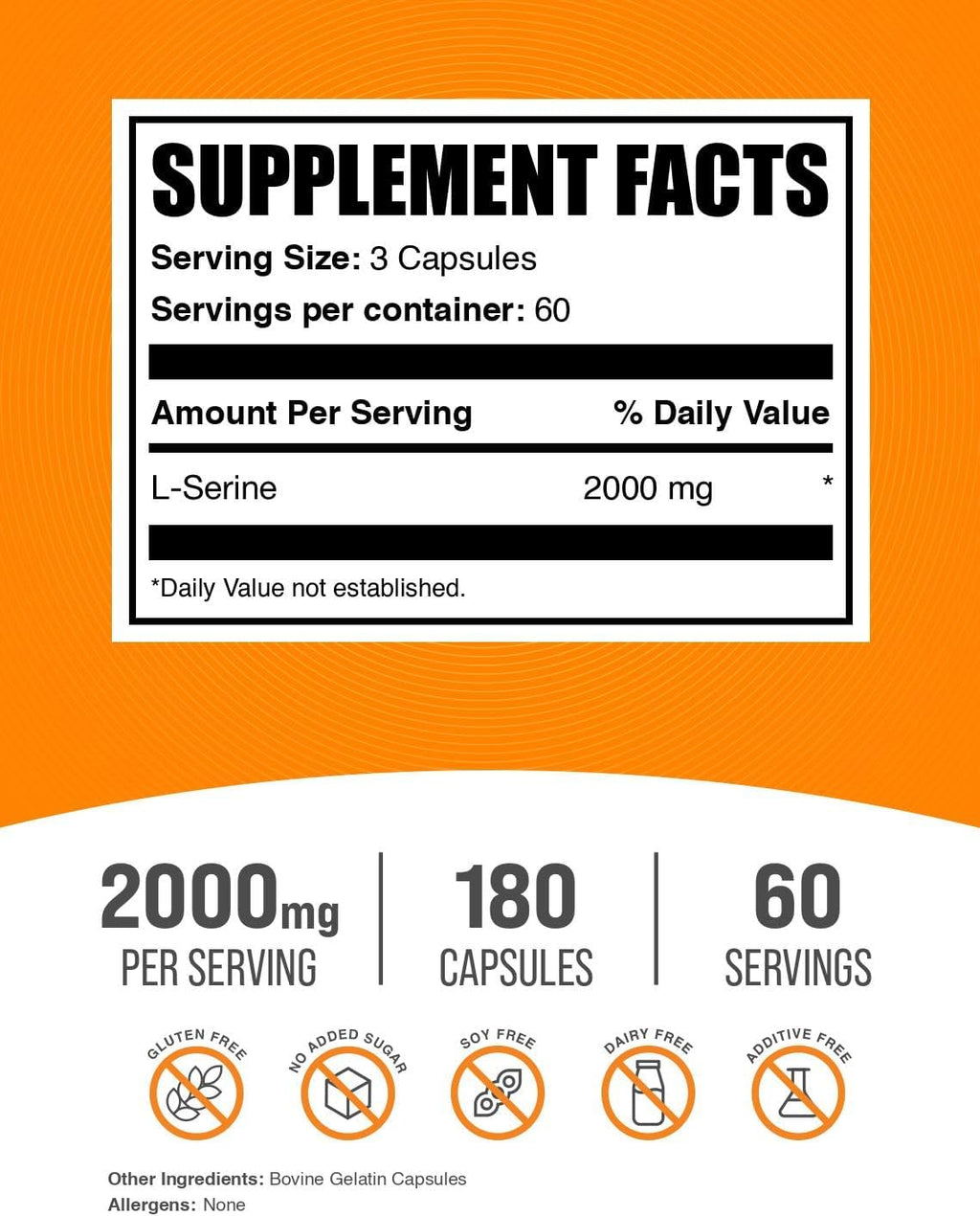 L-Serina Cápsulas - Suplemento de Aminoácidos, 2000mg por dosis, Sin Gluten, 180 Cápsulas