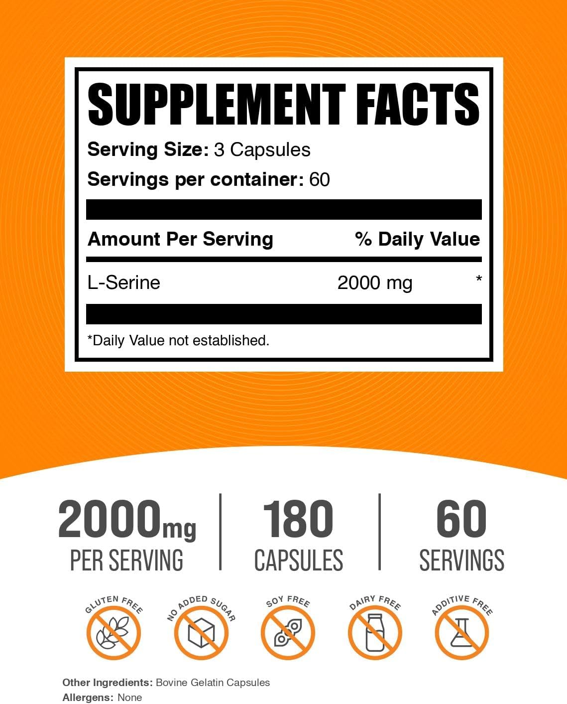L-Serina Cápsulas - Suplemento de Aminoácidos, 2000mg por dosis, Sin Gluten, 180 Cápsulas