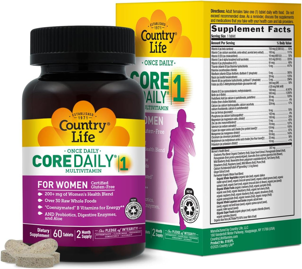 Country Life Women’s Core 1 Multivitamínico Diario para Mujeres con Hierro, Arándano Rojo, Probióticos y Enzimas Digestivas, 60 Comprimidos