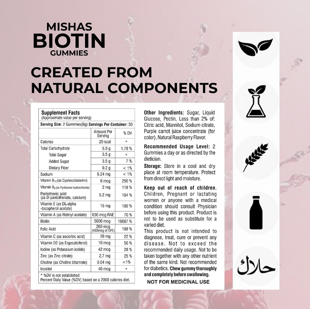 Mishas Nutraceuticals Gominolas de Biotina para Cabello, Piel y Uñas - Extra Fuerte, 60 unidades