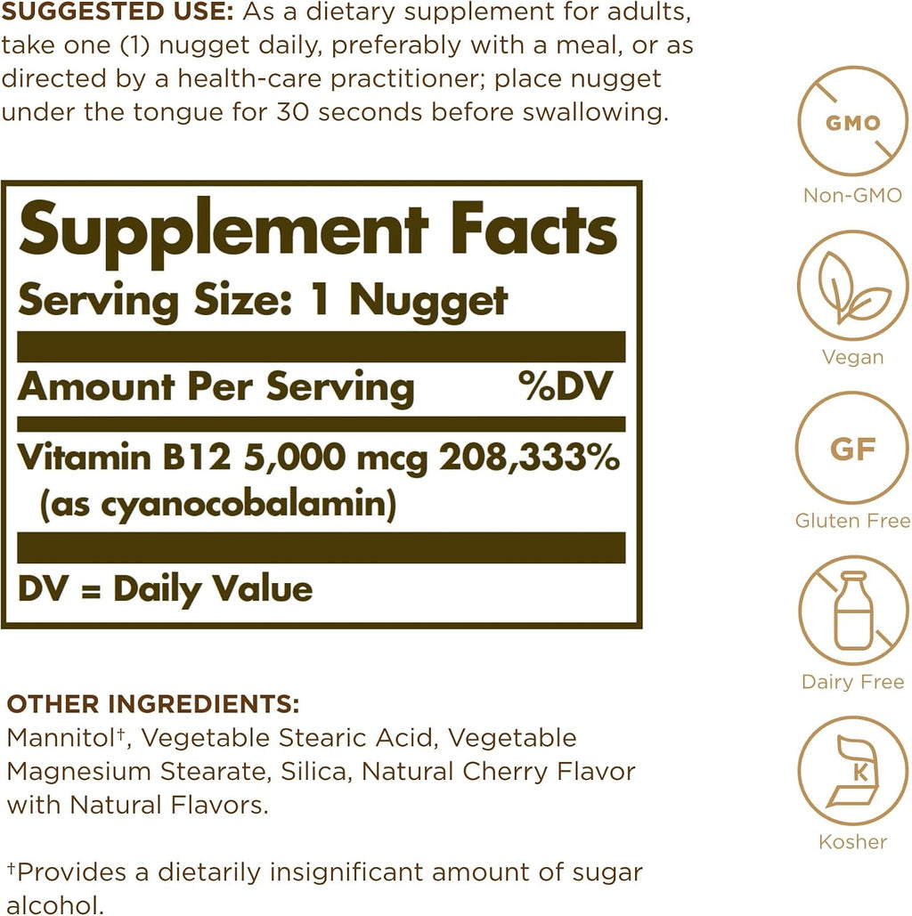 Solgar Vitamina B12 5000 mcg – 30 Nuggets Sublinguales – Vegano