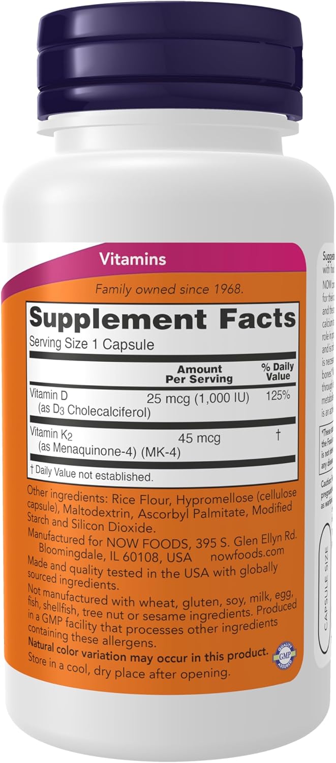 NOW Supplements, Vitamina D-3 & K-2, 1.000 UI/45 mcg, 120 Cápsulas Vegetales