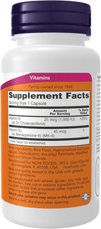 NOW Vitamina D-3 y K-2, 1000 UI/45 mcg, 120 cápsulas veganas