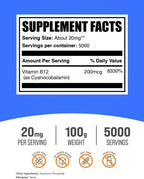 Vitamina B12 en polvo - Cianocobalamina 200 mcg - 100 g - BulkSupplements