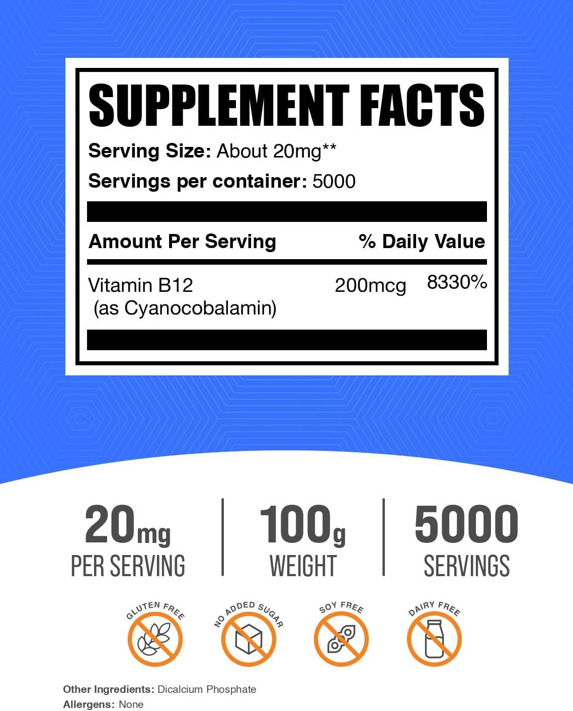 Vitamina B12 en polvo - Cianocobalamina 200 mcg - 100 g - BulkSupplements