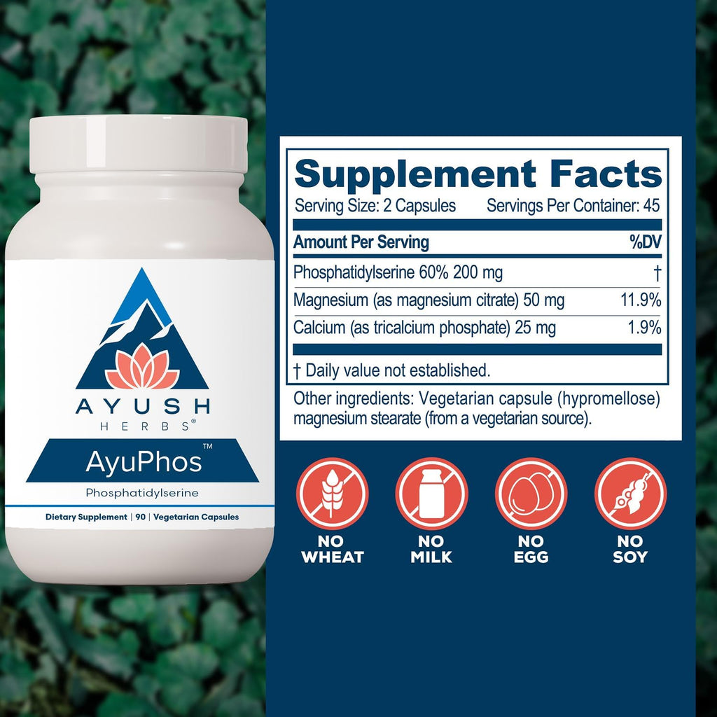 Ayush Herbs AyuPhos, Fosfatidilserina 200mg, Apoyo Cerebral y Memoria, 45 Cápsulas