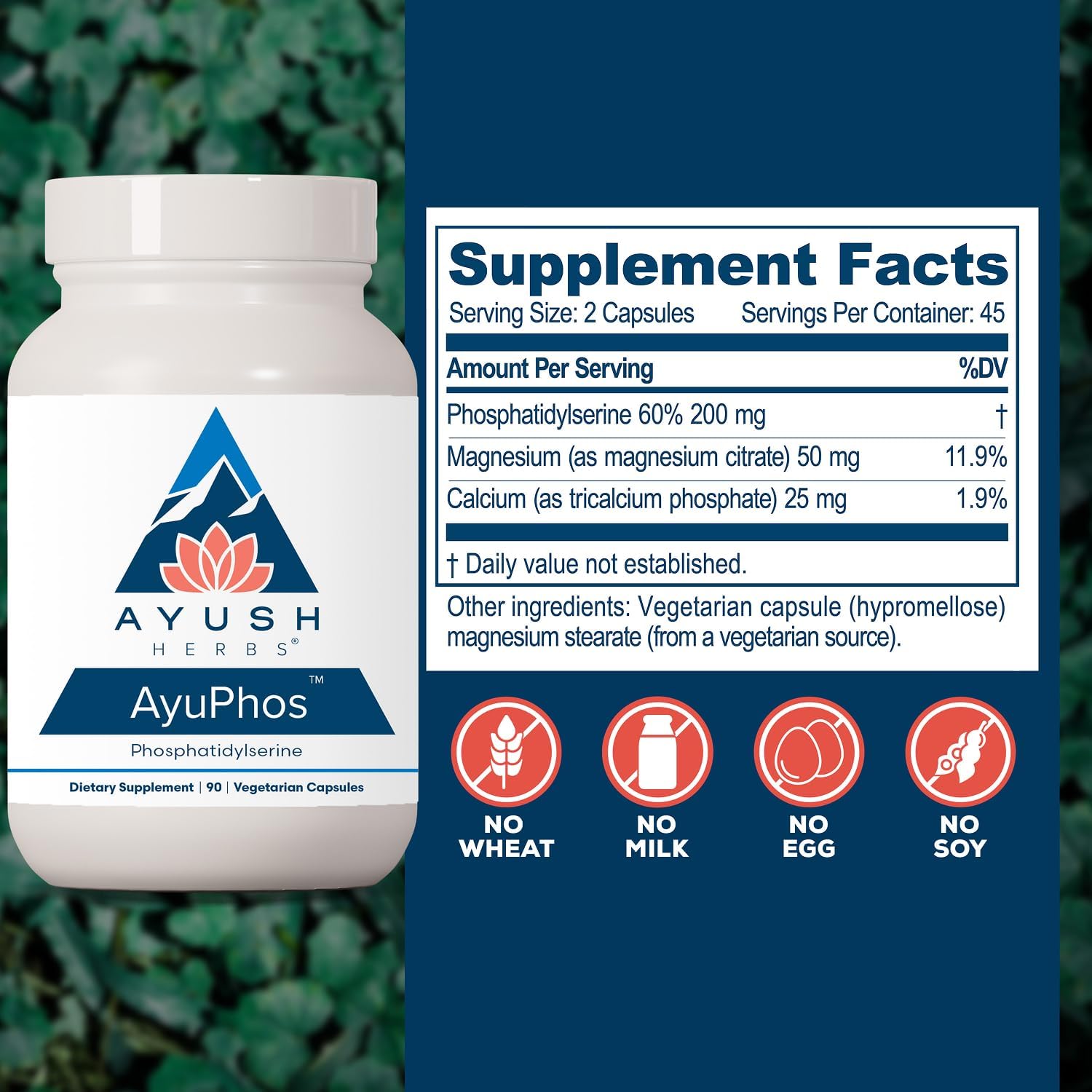 Ayush Herbs AyuPhos, Fosfatidilserina 200mg, Apoyo Cerebral y Memoria, 45 Cápsulas