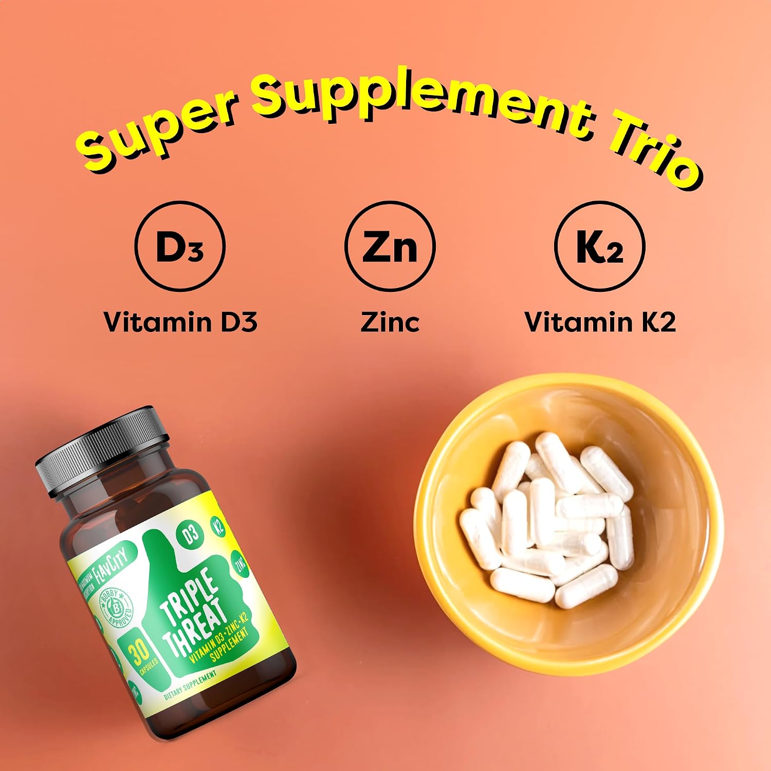 FlavCity Vitamin D3, K2 y Zinc - Triple Amenaza - Apoyo Inmune y Huesos - 30 Cápsulas