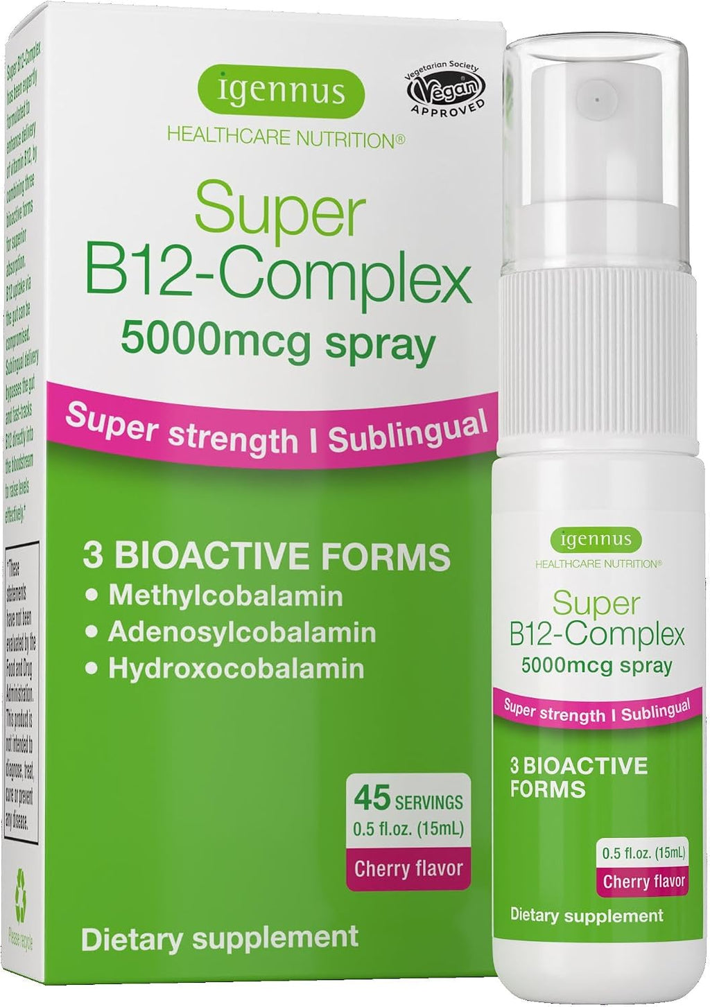 Igennus Triple Complejo de Vitamina B12 5000mcg Spray Sublingual, Metilcobalamina, Adenosilcobalamina e Hidroxocobalamina, 45 Servicios, Vegano