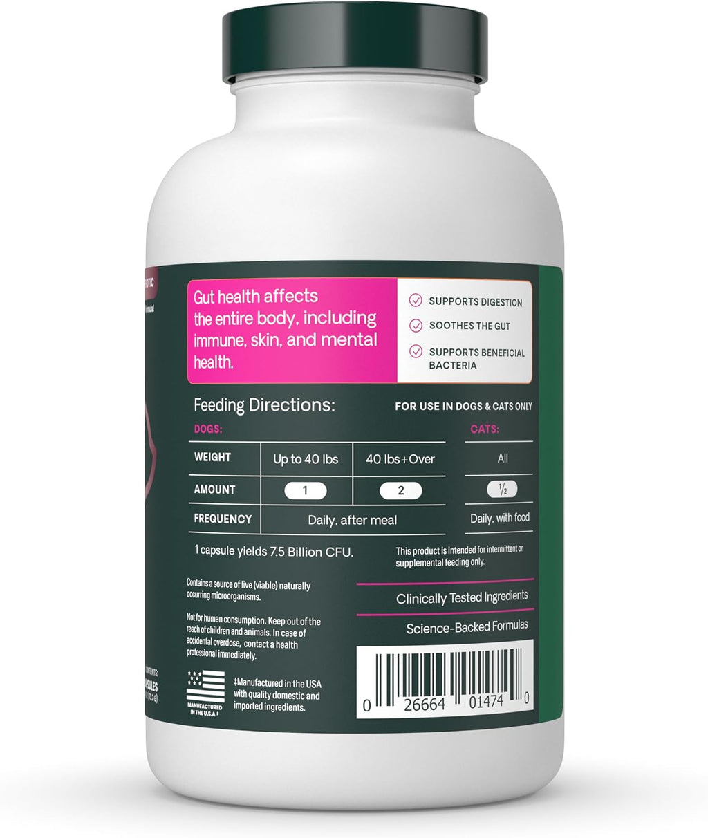 VetriScience Extra Strength Gut Health - Probiótico y Prebiótico para Perros y Gatos - 180 Cápsulas