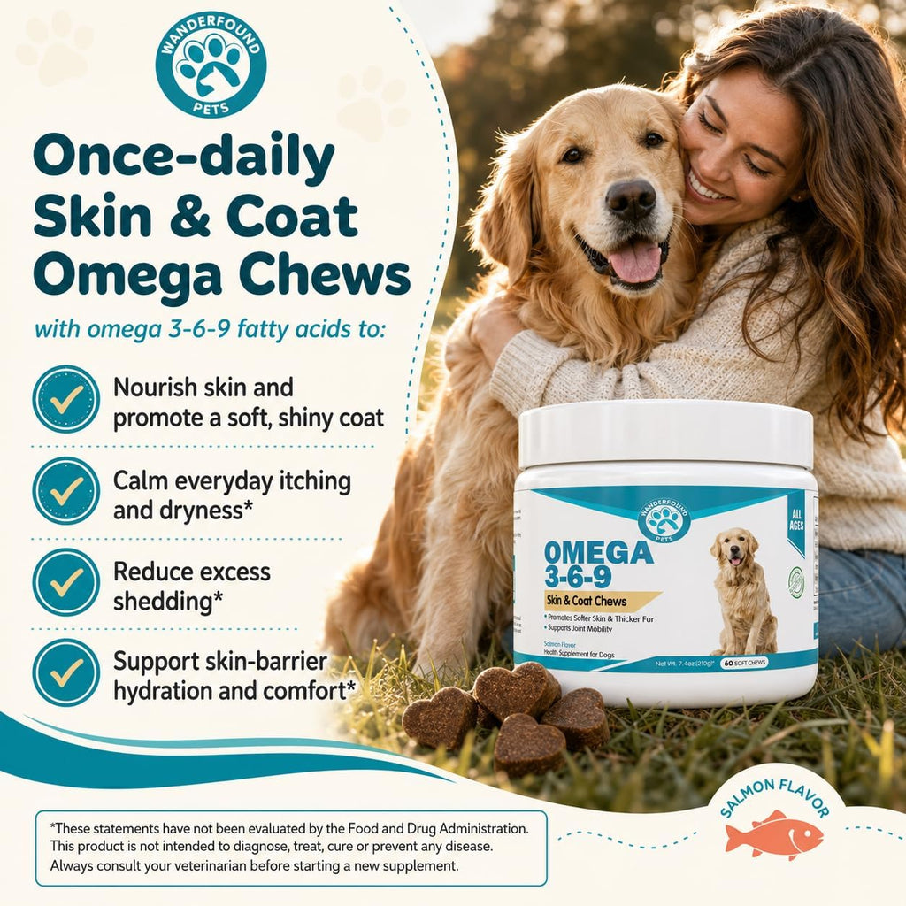 Wanderfound Pets Omega 3 para Perros - Aceite de Pescado para Piel y Pelaje, 60 Masticables