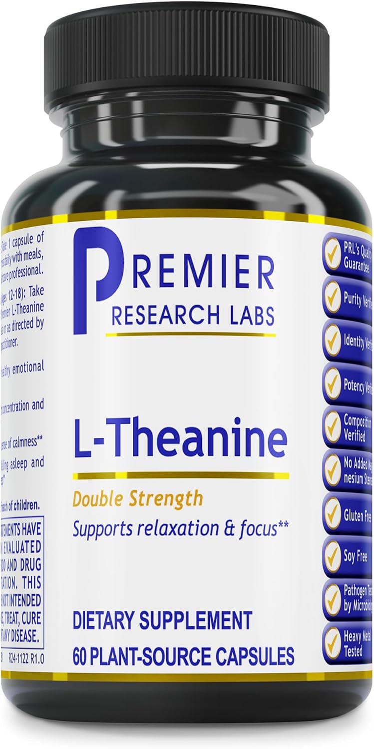 Premier Research Labs L-Theanine Double Strength - Suplemento de L-Teanina Pura 200mg, Apoyo para la Concentración y Energía para Hombres y Mujeres, Aminoácido para la Relajación, para Adultos y Niños - 60 Cápsulas Veganas