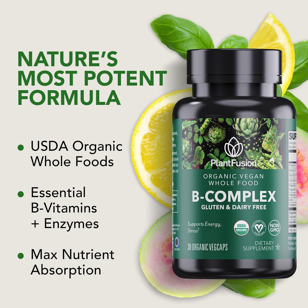 PlantFusion Organic Vitamin B-Complex, Suplemento Vegano de Alimentos Integrales para Energía y Metabolismo, B12 Metilada, Guayaba, Limón y Albahaca, No-GMO, Sin Gluten - 60 Cápsulas