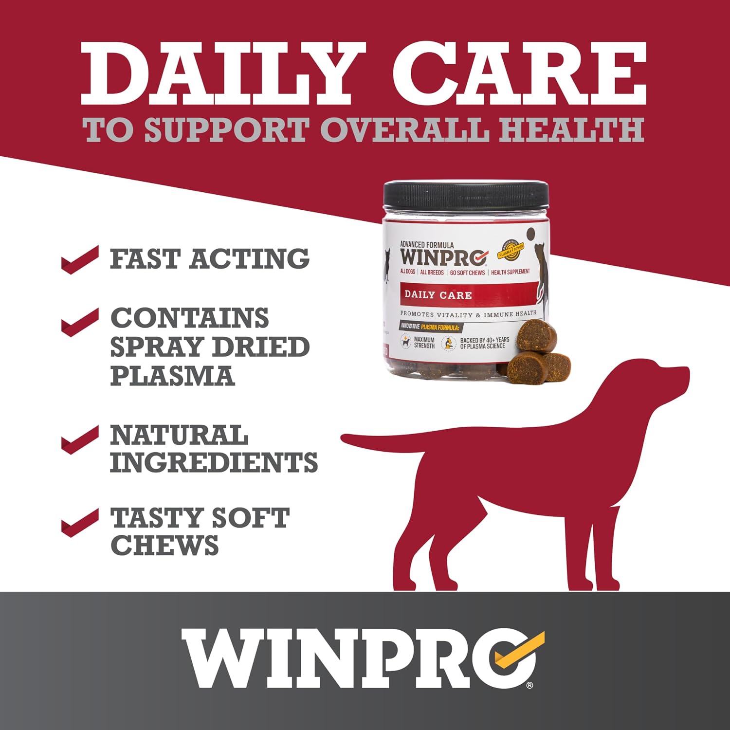 WINPRO Pet Daily Care - Snacks blandos para perros, 60 unidades, fórmula con plasma y probióticos