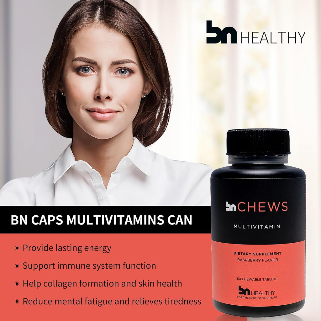 BNHealthy Chews Multivitamínico Bariátrico con Hierro - Masticable Diario con B12, D3, Folato y Zinc, Sabor Frambuesa, para Adultos Post-Cirugía, 60 Unidades