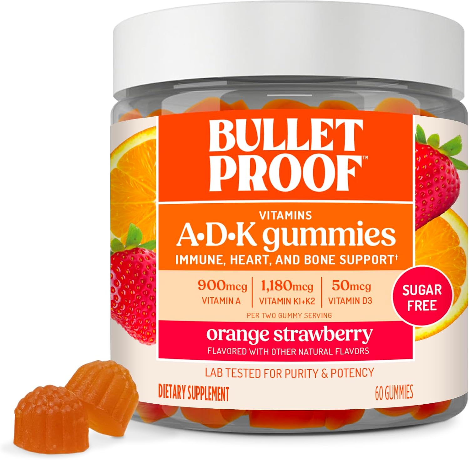 Bulletproof Gominolas Sin Azúcar de Vitaminas A+D+K, Sabor Naranja Fresa, 60 unidades