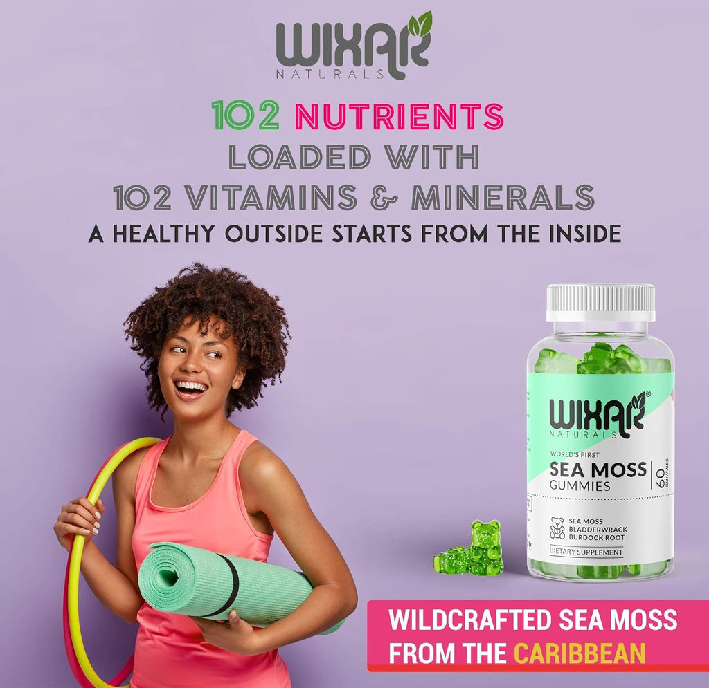 WIXAR NATURALS Gominolas de Musgo Marino con Irish Sea Moss, Bladderwrack y Bardana - 60 Gominolas Veganas