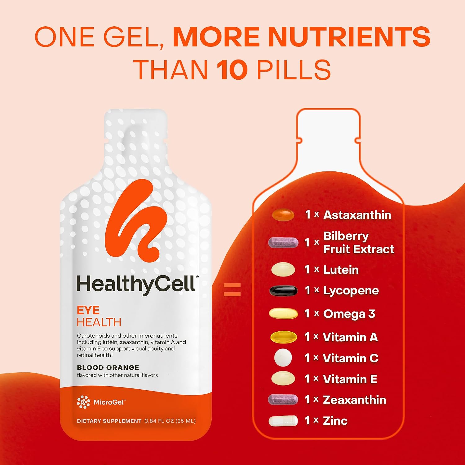 Healthycell Eye Health - Suplemento Líquido Diario para la Visión con Luteína, Zeaxantina, Astaxantina y Betacaroteno - 30 Gel Packs