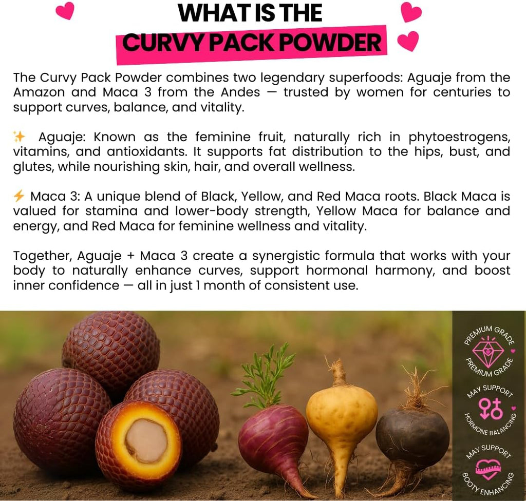 Aguaje CurvyFruit + Maca Root Powder (Roja, Negra y Amarilla) – Apoyo Natural para la Silueta Femenina – 31 Días
