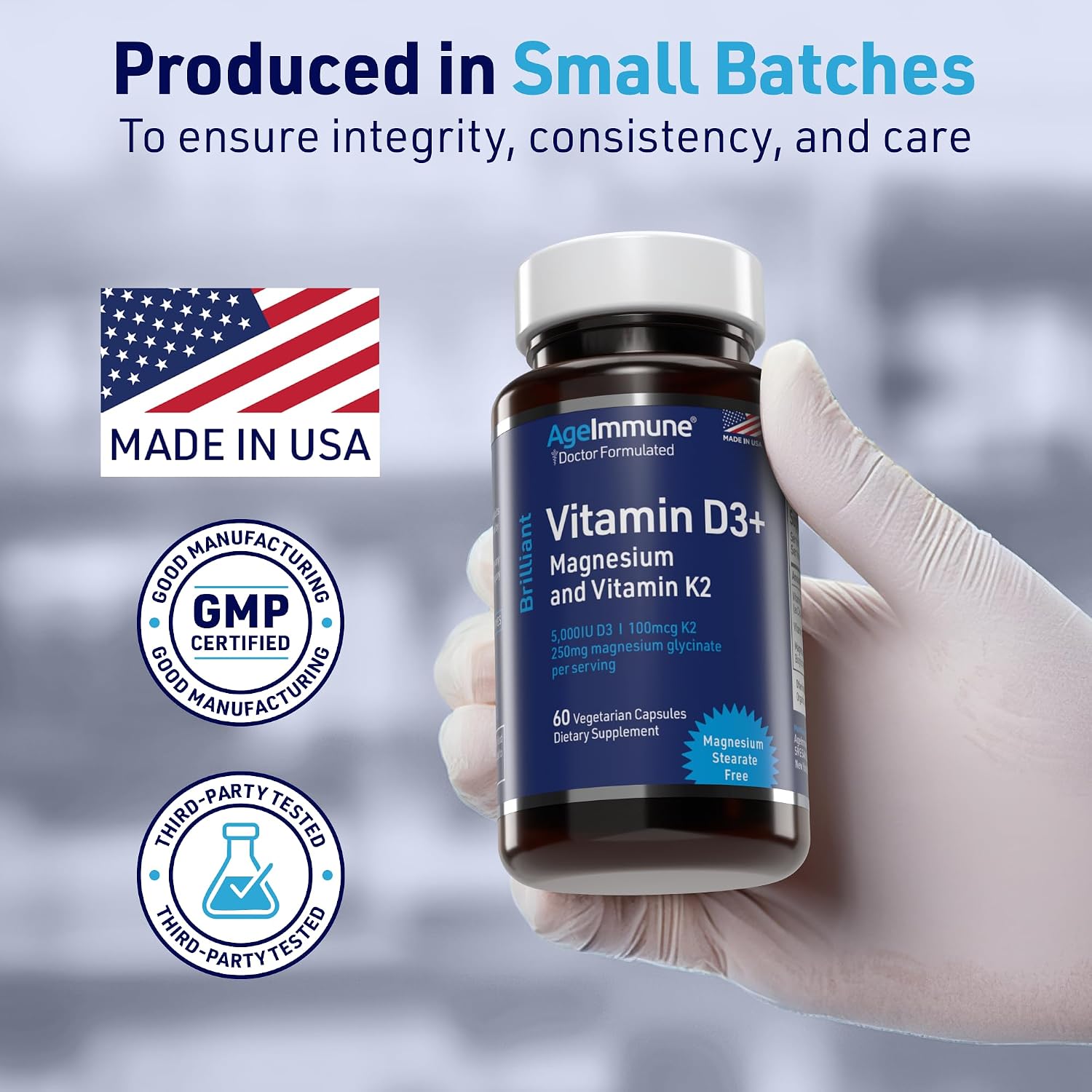 AgeImmune Brilliant D3+ Complex - 60 Cápsulas - 5000 UI Vitamina D3 + K2 + Magnesio Glicinato - Formulado por Médicos para Apoyo Óseo e Inmunitario - Sin Estearatos ni Dióxidos