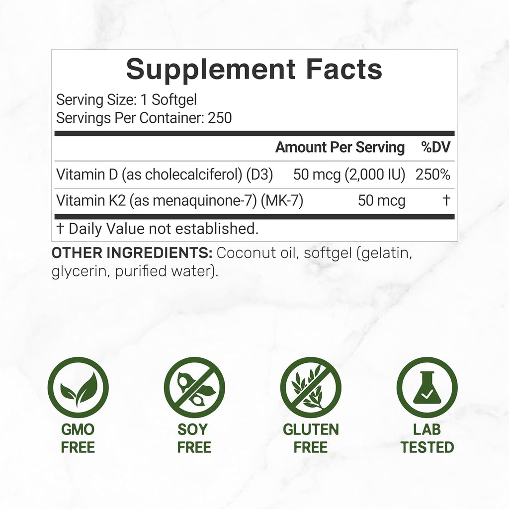 DEAL SUPPLEMENT Vitamina D3 2.000 UI + K2 MK7 50 mcg Softgels | Complejo 2 en 1 con Aceite de Coco Virgen