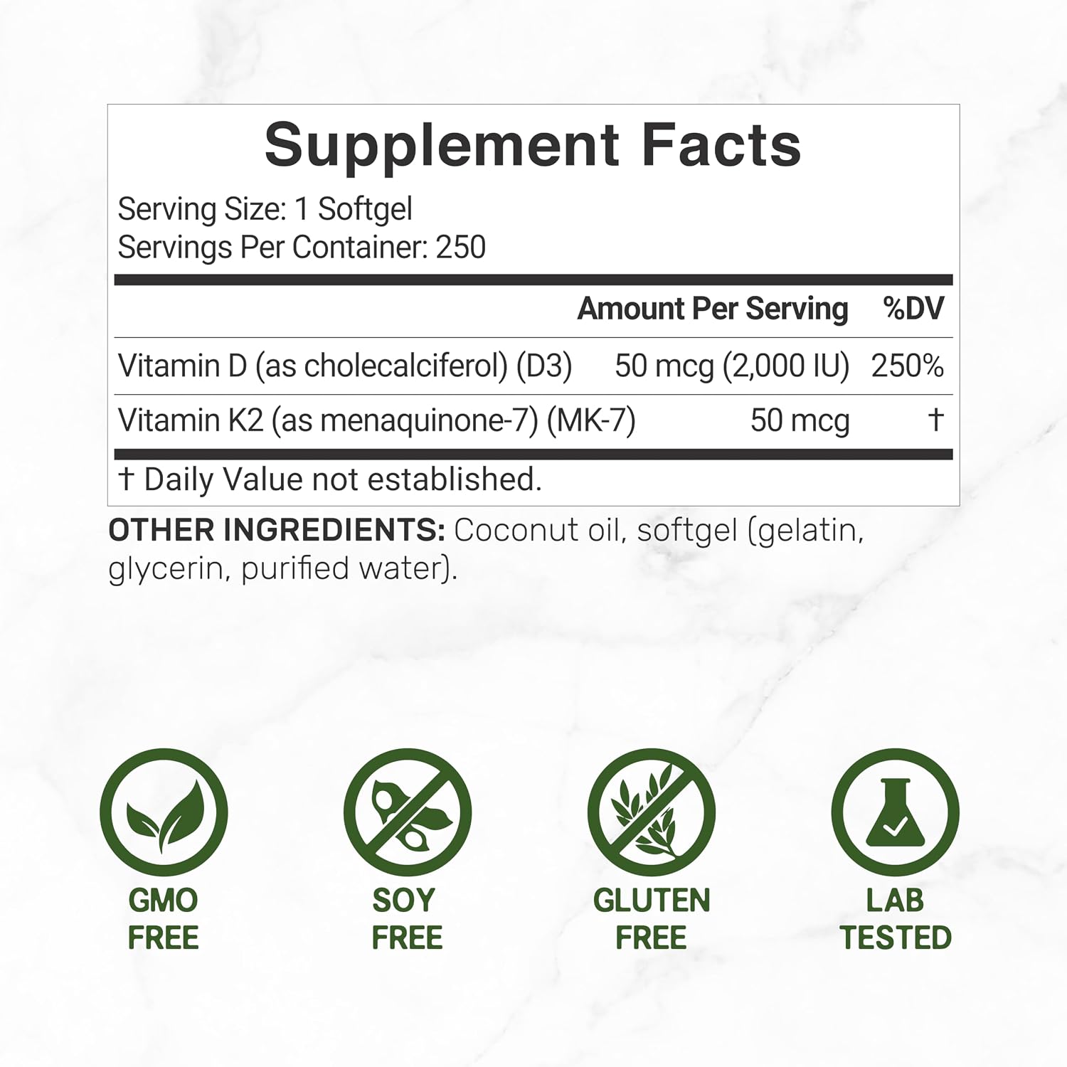 DEAL SUPPLEMENT Vitamina D3 2.000 UI + K2 MK7 50 mcg Softgels | Complejo 2 en 1 con Aceite de Coco Virgen