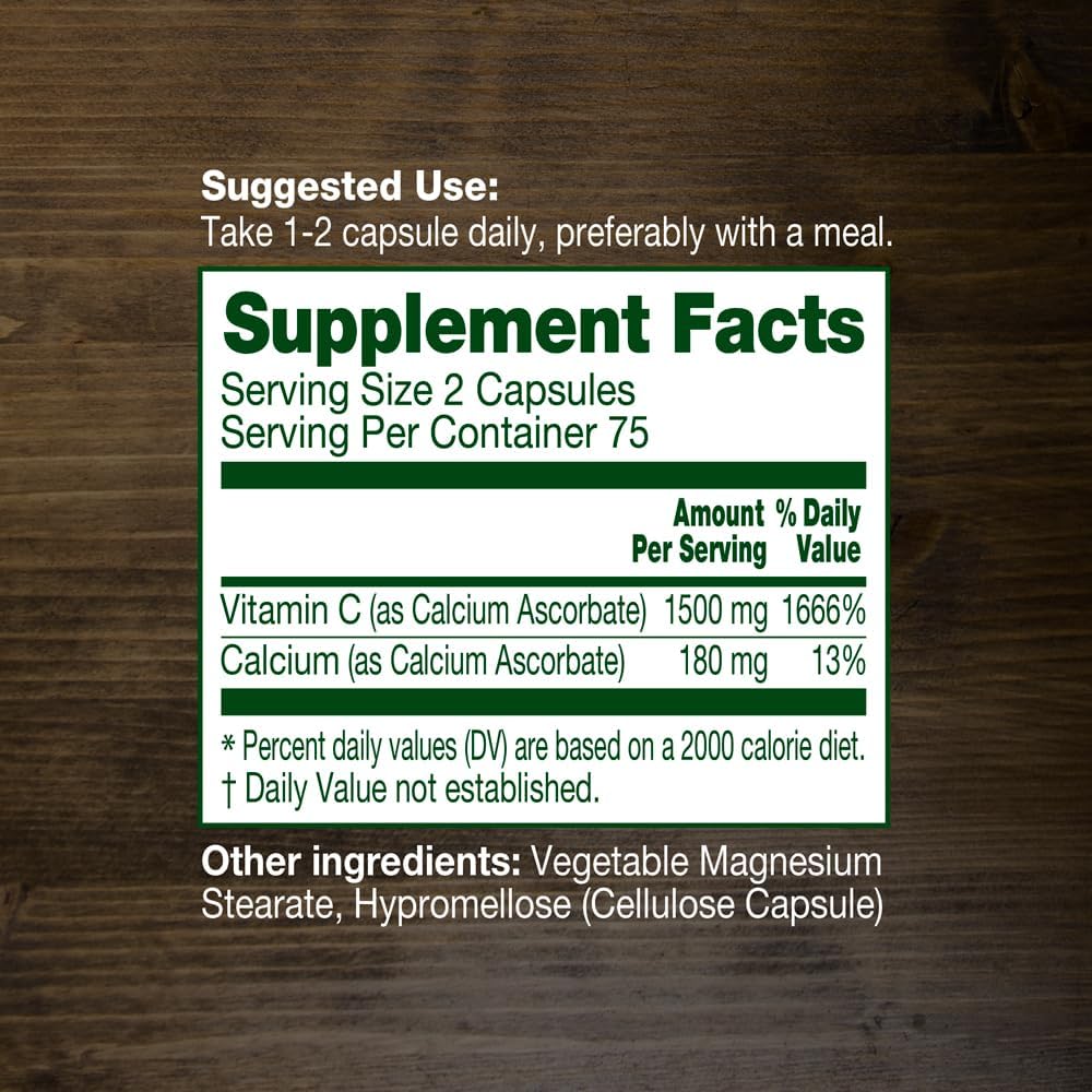 Vitamina C Tamponada 1500 mg - Ascorbato de Calcio, No Ácida, Favorable para el Estómago - 150 Cápsulas Vegetales