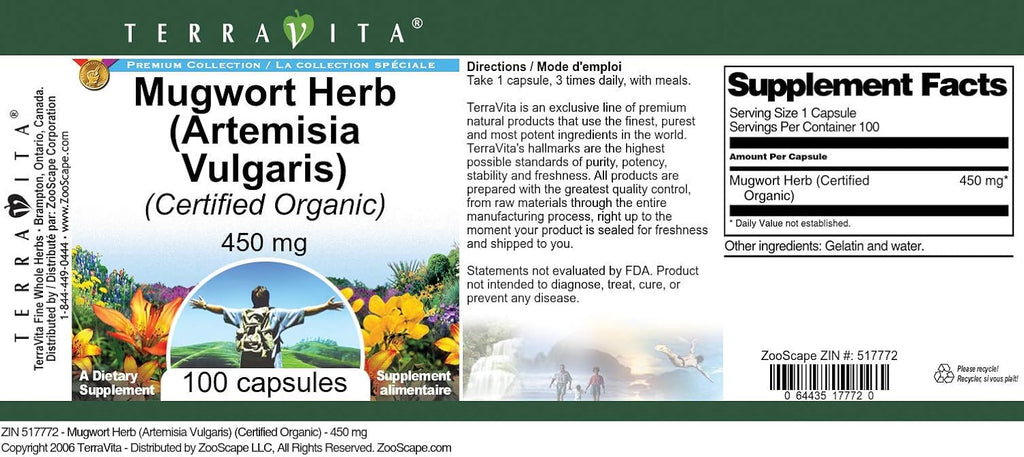TerraVita Mugwort Herb (Artemisia Vulgaris) Orgánica - 450 mg - 100 Cápsulas - Pack de 3