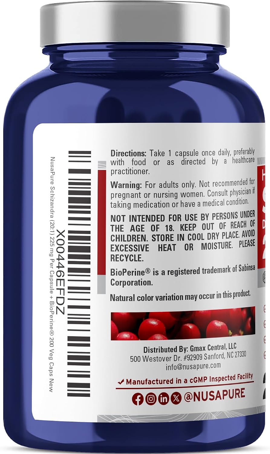 NusaPure Schizandra Berries Cápsulas, 225 mg, 200 Cápsulas Vegetales (No OGM, Vegano)