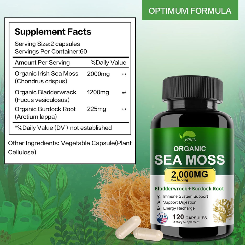 VPKIN Cápsulas de Musgo Marino Orgánico con Fucus, Raíz de Bardana y Extracto de Pimienta Negra - 2000mg por Ración - 120 Cápsulas