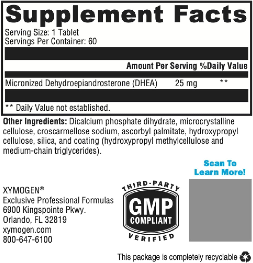 XYMOGEN DHEA Micronizada - 25 mg de Dehidroepiandrosterona - Apoyo Hormonal - Sin Gluten, Soja y Lácteos - 60 Comprimidos