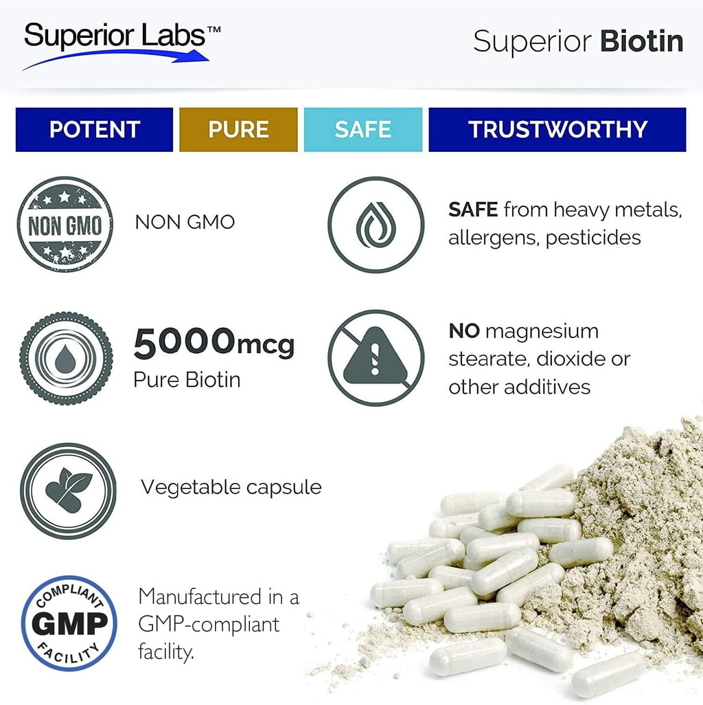 Superior Labs Natural Non-GMO Biotin - 5000 mcg, 120 Vegetable Capsules