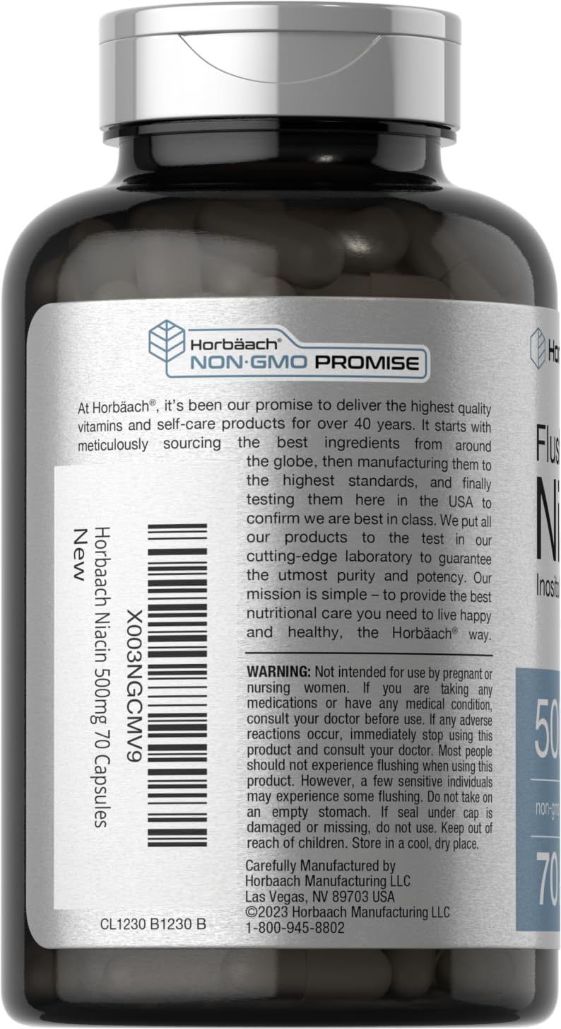 Horbaach Niacina 500mg Sin Enrojecimiento | 70 Cápsulas | Vitamina B3 Inositol Hexanicotinato | Sin OMG y Sin Gluten