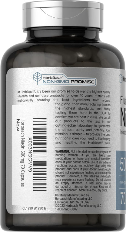 Horbaach Niacin 500mg Flush Free | 70 – Función psicológica: Ayuda a mantener una función psicológica normal, – Image 3