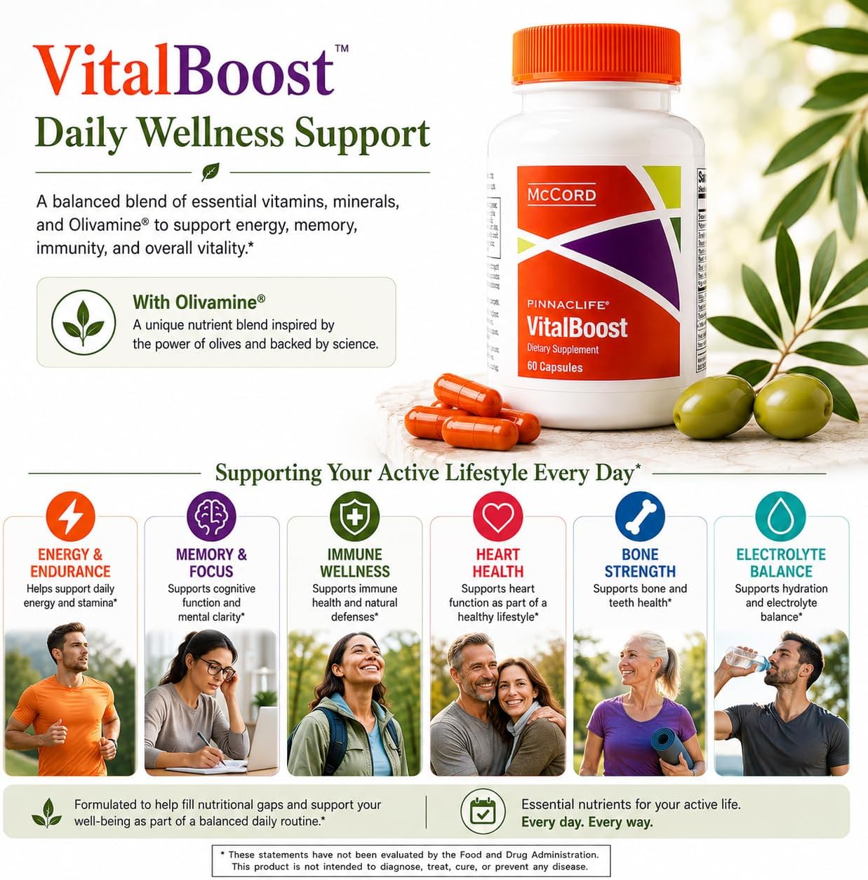 McCord VitalBoost: Complemento de Energía, Memoria e Inmunidad con Vitamina D3, Magnesio, Zinc y Olivamina - 60 Cápsulas