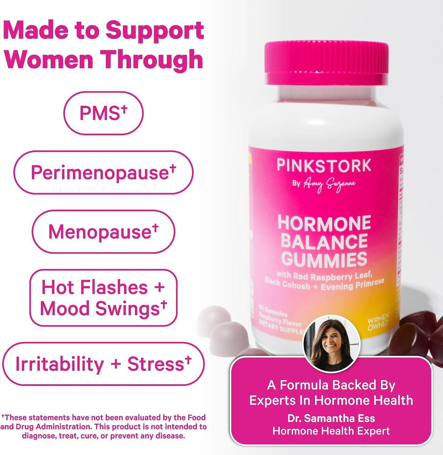 Pink Stork Gominolas de Equilibrio Hormonal para Mujeres – Apoyo para PMS, Menopausia y Premenopausia – 60 Gominolas Veganas