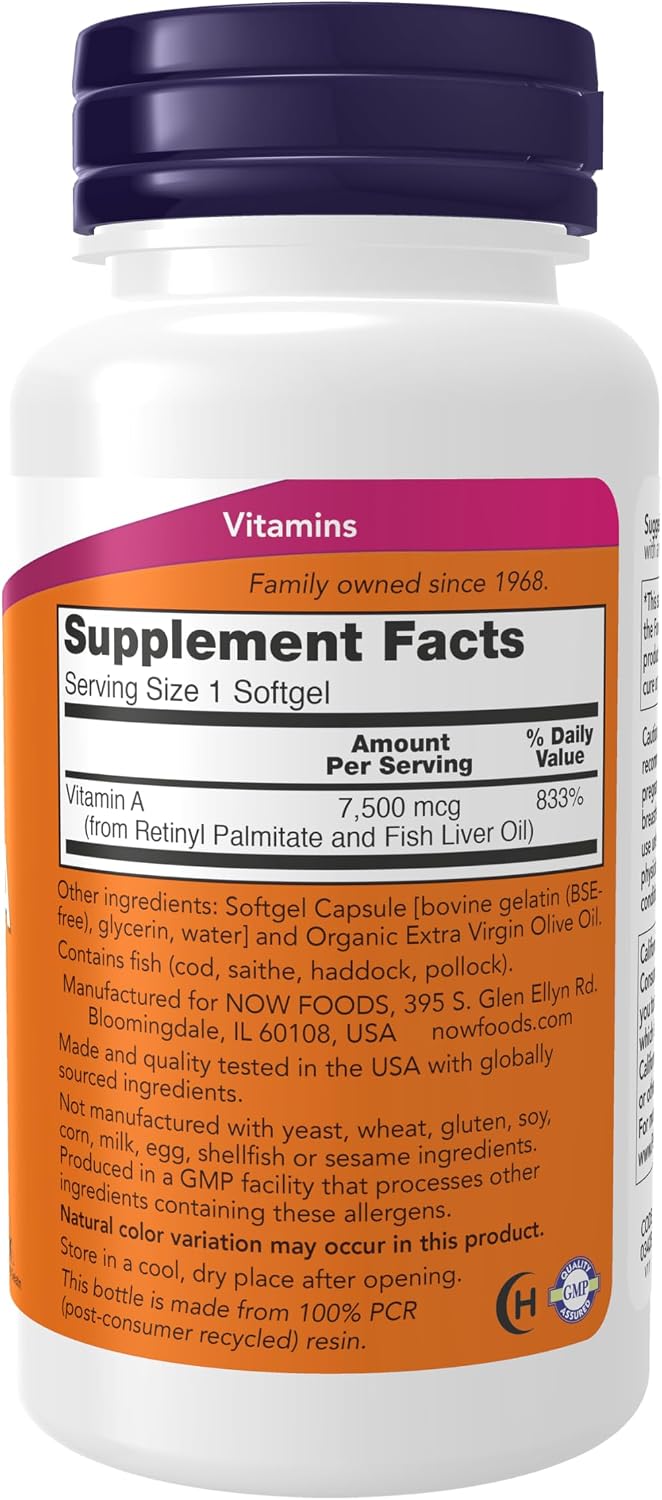 NOW Foods Vitamina A (Aceite de Hígado de Pescado) 25,000 UI – 250 Cápsulas Blandas