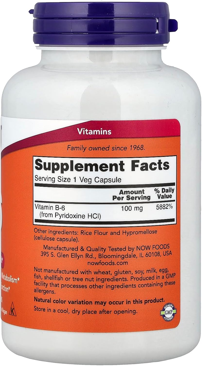 NOW Foods B-6, 100 mg, 250 Cápsulas Veganas