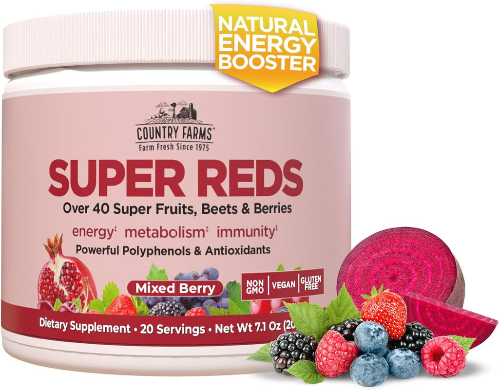 COUNTRY FARMS Super Reds - Superalimento en Polvo, 48 Frutas y Bayas, Antioxidantes, 20 Porciones, Sabor a Bayas Mixtas